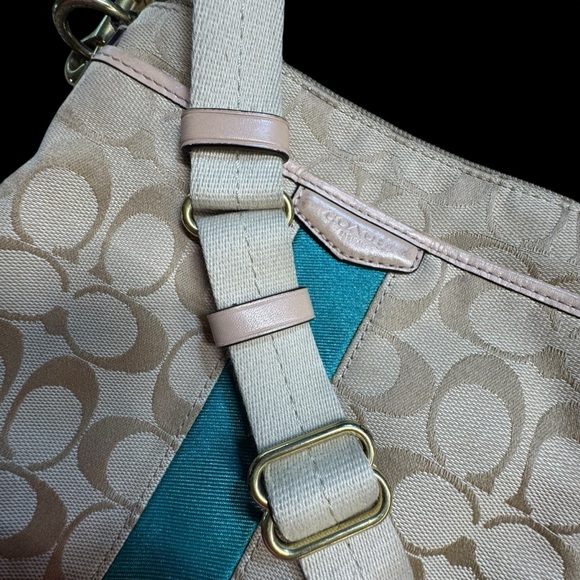 Coach Khaki and Green Crossbody Bag with Signature Monogram & Emerald stripe EUC - Picture 11 of 16